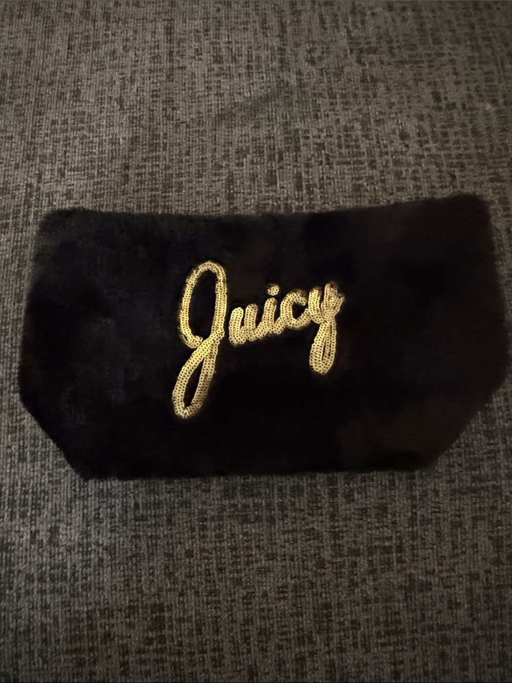 Juicy Couture Black Faux Fur Clutch with Gold Sequin 'Juicy' Script